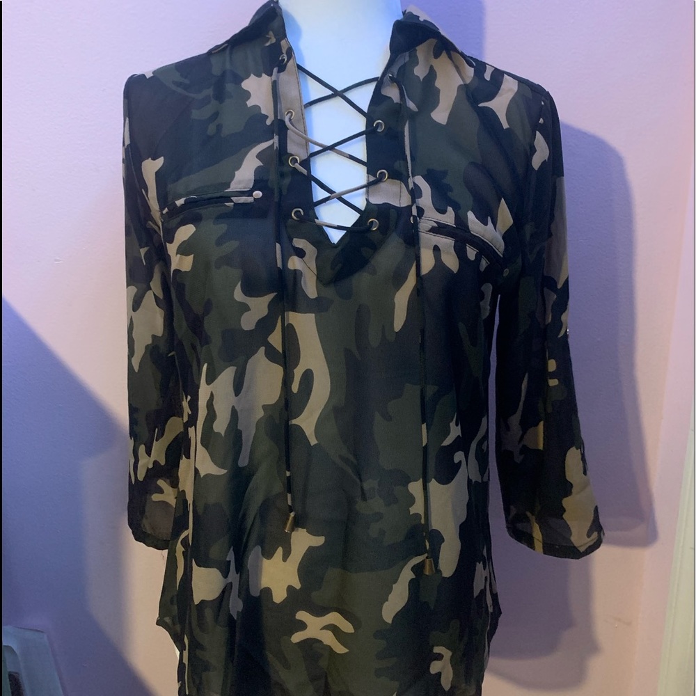 Speed Limit Sheer Camouflage Cross Collared Blouse